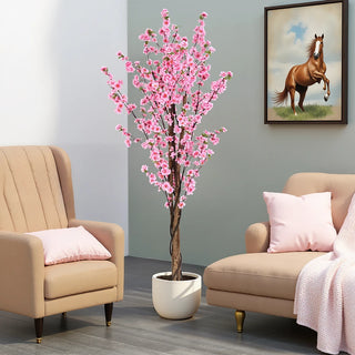 6' Artificial Peach Blossom Tree with Black Plastic Pot Dweva