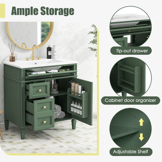 30'' Bathroom Vanity with Top Sink, Modern Bathroom Storage Cabinet with 2 Drawers and a Tip-out Drawer, Single Sink Bathroom Vanity Dweva