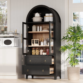 K&K 71" Tall Arched Kitchen Pantry Cabinet with 2 Large Drawers, Modern Farmhouse Kitchen Storage Cabinets with Adjustable Shelves, Glass Door, Wood Versatile Cupboard for Kitchens, Dining Room, Black Dweva