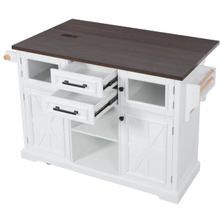 K&K 54.9" Kitchen Island with Drop Leaf, Power Outlet, Kitchen Storage Cart with 4 Door Shelves, Cross Barn Doors & Visual Glass Door, Rolling Kitchen Island on 4 Wheels for Kitchen, Dining Room,White Dweva