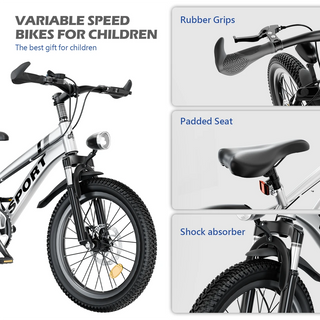 FKZNPJ 20 Inch Kids Mountain Bike for Boys & Girls Ages 7-12 – 7-Speed Gears, Dual Disc Brakes, Shock Absorber Front Fork, LED Light – Silver & Pink Dweva