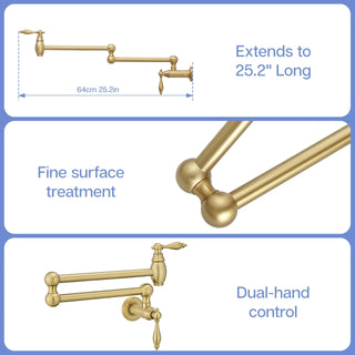 Pot Filler,Wall Mount Commercial Pot Filler Faucet,Brass Material Kitchen Folding Faucet,Coffee Machine Faucet with Stretchable Double Joint Swing Arms,Style A,Brushed Gold Dweva
