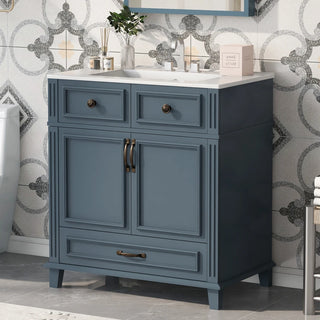 30'' Bathroom Vanity with Ceramic Sink,Solid Wood Frame Bathroom Storage Cabinet with Soft Closing Doors,Retro Style, Blue Dweva