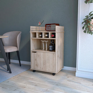 FM FURNITURE Crozier Bart Cart, with 1 shelf, 1 door and four built-in wine rack,Macadamia Dweva