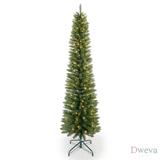 6FT Green Pencil Christmas Tree with 150 Warm White LED Lights – Slim PVC Tree with 358 Tips, Compact Design, Stable Metal Stand, Easy to Assemble Dweva
