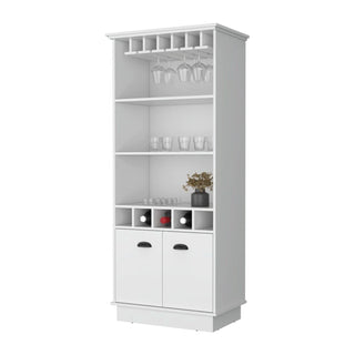 FM FURNITURE Sophia Bar Cabinet with Glassware Rack and Five Bottle Racks, White Dweva