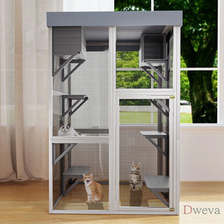 70.5＂ Tall Wooden Catio Outdoor Cat Enclosure, Gray Cat House Large Solid Wood Cage Playpen with 6 Jumping Platforms & 2 Napping Houses, Movable tarp cover Dweva