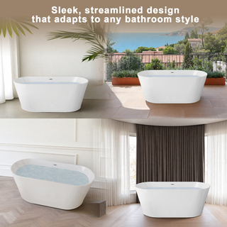 55" Acrylic Freestanding Bathtub, Stand Alone Soaking Tub, Glossy White Acrylic, Toe-tap Chrome Drain, cUPC Certified Dweva