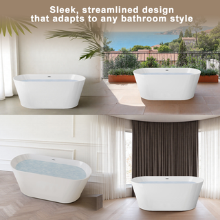 59" Acrylic Freestanding Bathtub, Stand Alone Soaking Tub, Glossy White Acrylic, Toe-tap Chrome Drain, cUPC Certified Dweva