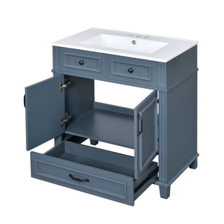 30'' Bathroom Vanity with Ceramic Sink,Solid Wood Frame Bathroom Storage Cabinet with Soft Closing Doors,Retro Style, Blue Dweva