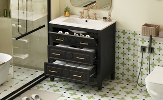 30'' Bathroom Vanity with Ceramic Sink Combo, Free Standing Single Vanity Set with 3 Drawers, Solid Wood Frame Bathroom Storage Cabinet, Black Dweva