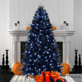 6ft Black Christmas Tree with 350 White LED Lights, 1460 Tips PE+PVC Artificial Tree for Halloween & Holiday Decor, Hinged Structure with Stable Metal Stand Dweva