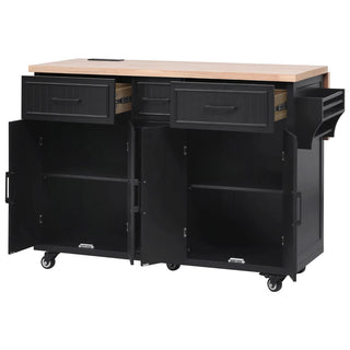 K&K 56.5'' Kitchen Island with Drop Leaf, Power Outlet, Embossed Vertical Stripe Rolling Kitchen Cart on Wheels with 4 Doors , 5 Deep Drawers and Adjustable Shelves, for Kitchen, Dining Room, Black Dweva