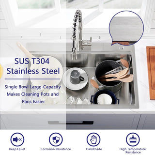 28 x 22 Drop In Stainless Steel Workstation Sink, 28 Inch 18-Gauge Stainless Steel Drop-In Kitchen Sink, Handmade Single Bowl Workstation R10 Rounded Corner kitchen Sink with Accessories Dweva