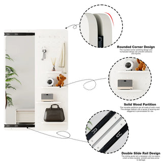 Wall Mounted Full Length Mirror, Full Body Mirror with Shelf, Full Body Mirror with Hook Wall Mounted Mirror with Multifunctional Design Panel, Bedroom/Living Room/Entrance White(47.6*15.7in) Dweva