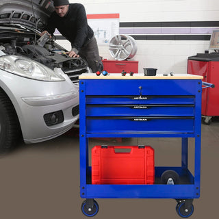 3 DRAWERS MULTIFUNCTIONAL TOOL CART WITH WHEELS AND WOODEN TOP-Blue Dweva