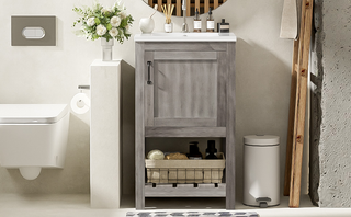 16" Bathroom Vanity Sink Combo for Small Space, Bathroom Sink Cabinet with Rectangular Ceramic Basin, Bathroom Vanities Cabinet with 1 Door and 1 Open Shelf Dweva