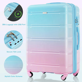 Luggage Set of 3, 20-inch with USB Port, Airline Certified Carry-on Luggage , ABS+PC Hard Shell Luggage with Spinner Wheels, light blue and pink Dweva