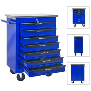 7 Drawers Multifunctional Tool Cart with Wheels,Metal Rolling Tool Cart Storage for Garage Workshop Warehouse Repair Shop--With Stainless Steel Roof- BLACK&BLUE Dweva