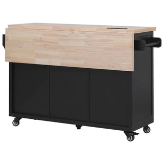 K&K 56.5'' Kitchen Island with Drop Leaf, Power Outlet, Embossed Vertical Stripe Rolling Kitchen Cart on Wheels with 4 Doors , 5 Deep Drawers and Adjustable Shelves, for Kitchen, Dining Room, Black Dweva