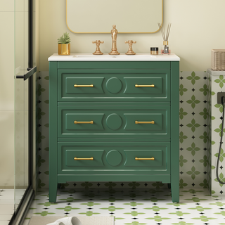 30'' Bathroom Vanity with Ceramic Sink Combo, Free Standing Single Vanity Set with 3 Drawers, Solid Wood Frame Bathroom Storage Cabinet, Green Dweva