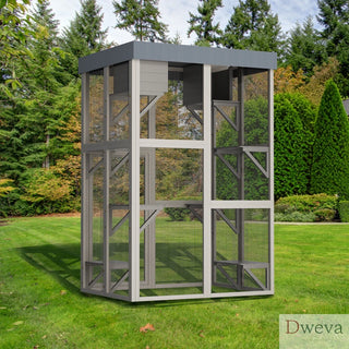 70.5＂ Tall Wooden Catio Outdoor Cat Enclosure, Gray Cat House Large Solid Wood Cage Playpen with 6 Jumping Platforms & 2 Napping Houses, Movable tarp cover Dweva