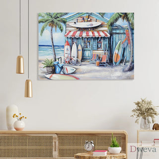 Blue Beach House Surfboard Coconut Tree Ocean Wall Art - Coastal Tropical Landscape Mural Print - Vibrant Seaside Decor for Living Room Bedroom Office decorative picture Dweva
