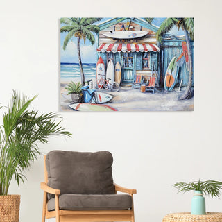 Blue Beach House Surfboard Coconut Tree Ocean Wall Art - Coastal Tropical Landscape Mural Print - Vibrant Seaside Decor for Living Room Bedroom Office decorative picture Dweva