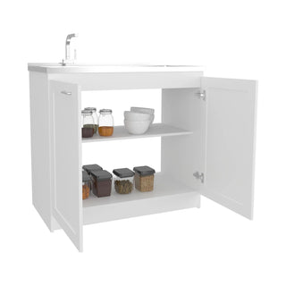 Zurich 39" Wide Utility Sink, Base Cabinet Two-Door Cabinet With Two Shelves, Stainless Steel Sink, Kitchen, Laundry Room, Garage Sink White Dweva