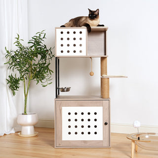 Cat Tree with Litter Box Enclosure, All-in-one Cat Tower for Indoor Cats with Large Hammock, Bed, Food Station, Scratching Posts, Modern Style Pet Furniture, Gray+white Dweva