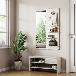 Wall Mounted Full Length Mirror, Full Body Mirror with Shelf, Full Body Mirror with Hook Wall Mounted Mirror with Multifunctional Design Panel, Bedroom/Living Room/Entrance White(47.6*15.7in) Dweva