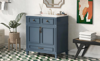 30'' Bathroom Vanity with Ceramic Sink,Solid Wood Frame Bathroom Storage Cabinet with Soft Closing Doors,Retro Style, Blue Dweva