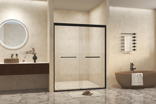 44-48" W × 72" H Tempered Glass with Explosion Proof Film, Aluminum Frame Double Sliding Shower Door, "1/4 (6 mm), Stainless Steel handle, Matte Black Dweva