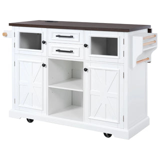 K&K 54.9" Kitchen Island with Drop Leaf, Power Outlet, Kitchen Storage Cart with 4 Door Shelves, Cross Barn Doors & Visual Glass Door, Rolling Kitchen Island on 4 Wheels for Kitchen, Dining Room,White Dweva