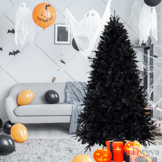 7.5ft Black Christmas Tree with 500 White LED Lights, 2156 Tips PE+PVC Artificial Tree for Halloween & Holiday Decor, Hinged Structure with Stable Metal Stand Dweva