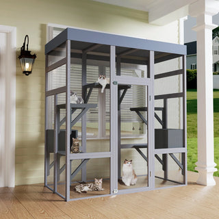 62.6" Wooden Outdoor Catio for Cats, Large Cat Enclosure with Waterproof Roof, 2 Napping House, Platforms & Rust-Proof Wire – Secure Pet Cage for Backyard or Patio Dweva