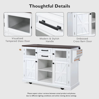 K&K 54.9" Kitchen Island with Drop Leaf, Power Outlet, Kitchen Storage Cart with 4 Door Shelves, Cross Barn Doors & Visual Glass Door, Rolling Kitchen Island on 4 Wheels for Kitchen, Dining Room,White Dweva