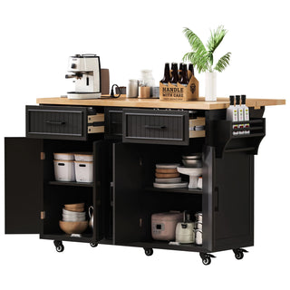 K&K 56.5'' Kitchen Island with Drop Leaf, Power Outlet, Embossed Vertical Stripe Rolling Kitchen Cart on Wheels with 4 Doors , 5 Deep Drawers and Adjustable Shelves, for Kitchen, Dining Room, Black Dweva