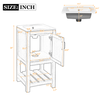 16" Bathroom Vanity Sink Combo for Small Space, Bathroom Sink Cabinet with Rectangular Ceramic Basin, Bathroom Vanities Cabinet with 1 Door and 1 Open Shelf Dweva