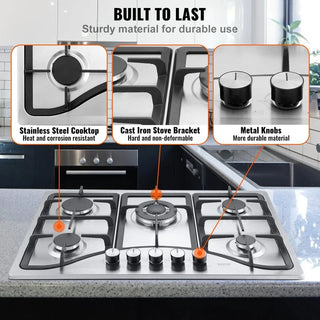 Gas Cooktop 30 inch, Max 12250BTU 5 Burners Built-in Stainless Steel Gas Stove Top, LPG/NG Convertible Dual Fuel Natural Gas Hob with Thermocouple Protection Dweva