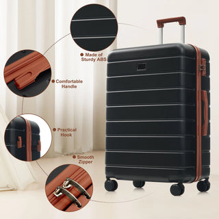 Premium ABS Travel Luggage Set , 3-Piece TSA Lock Suitcase Ensemble with 20, 24, and 28 Inch Sizes with 360° Spinner Wheels, black and brown Dweva