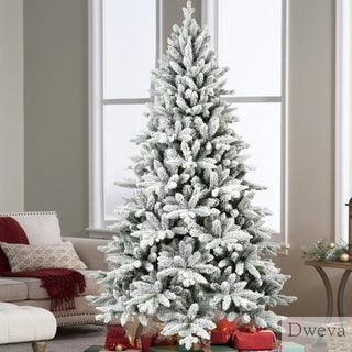6ft Flocked Christmas Tree with 1100 Tips, Realistic PE+PVC Snowy Hinged Tree with Metal Stand, Full Artificial Xmas Tree for Holiday Decoration Dweva