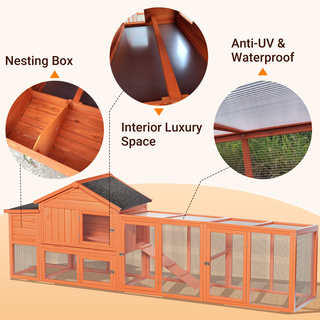 113.5" Large Wooden Chicken Coop Outdoor Hen House with Run, Waterproof Roof & Nesting Box, Secure Lock, Removable Tray, Ramp & Perch for 2–4 Chickens or Small Pets Dweva