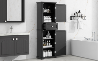 Tall Bathroom Storage Cabinet, Freestanding Storage Cabinet with Drawer and Adjustable Shelf, MDF Board with Painted Finish, Black (Old Sku:WF312727AAB)
