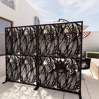 Metal Privacy Screens W3.8Ft X H6Ft Outdoor and Indoor Divider with Free Standing Decorative Privacy Screen for Balcony Patio Garden Room Divider, Black Leaf Shape Dweva