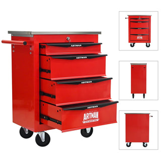 4 Drawers Multifunctional Tool Cart with Wheels,Metal Rolling Tool Cart Storage for Garage Workshop Warehouse Repair Shop--With Stainless Steel Roof- Red&Black Dweva