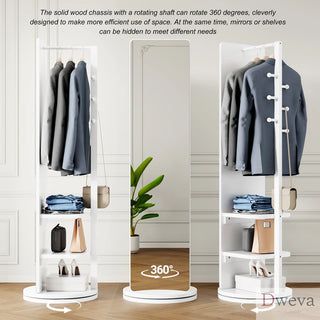 360° Rotating 66"x14" Multifunctional Full Length Mirror with Hook Storage Rack Coat Rack with Mirror Solid Wood Floor Mirror Bedroom Living Room Cloakroom Space Saving (wh Dweva
