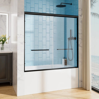 60" W x 57" H Aluminum Frame Double Sliding Shower Door, Soft-Close Matte Black Bathtub Door, 1/4" (6mm) Clear Nano-Coated Tempered Glass, Dual Stainless Steel Handles Dweva