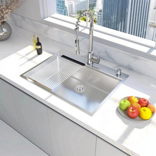28 x 22 Drop In Stainless Steel Workstation Sink, 28 Inch 18-Gauge Stainless Steel Drop-In Kitchen Sink, Handmade Single Bowl Workstation R10 Rounded Corner kitchen Sink with Accessories Dweva