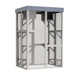 70.5＂ Tall Wooden Catio Outdoor Cat Enclosure, Gray Cat House Large Solid Wood Cage Playpen with 6 Jumping Platforms & 2 Napping Houses, Movable tarp cover Dweva